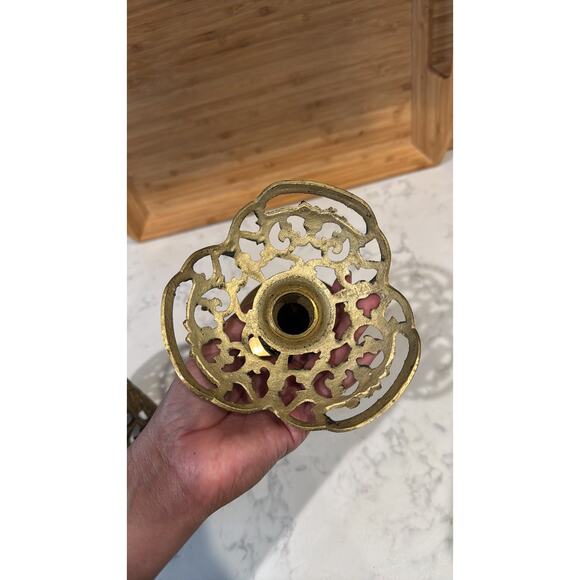 Reticulated Brass Pedestal Candle Holder Vintage Mid-Century Gothic Brass Decor - Picture 7 of 12
